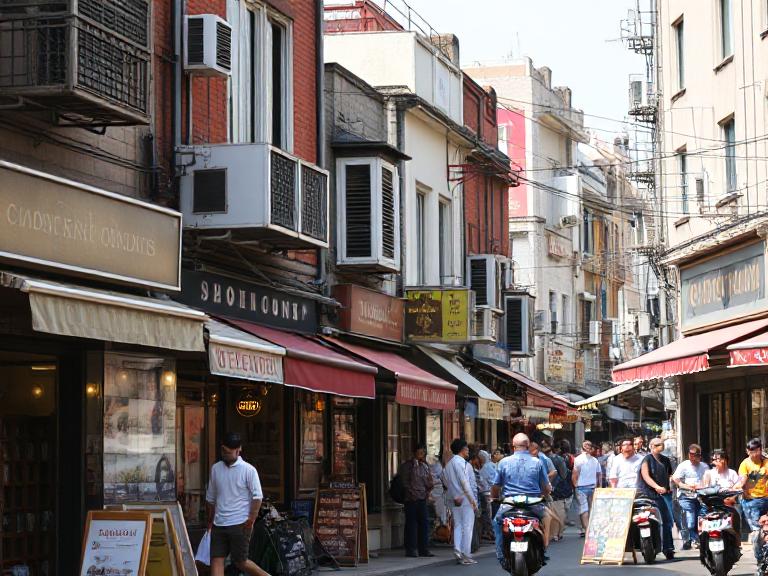 一群商店聚集在繁華街區,形成激烈的市場競爭狀態