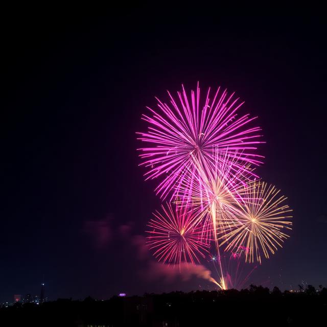 夜空中綻放的多彩煙花，呈現紅、綠、藍與金黃色的光芒