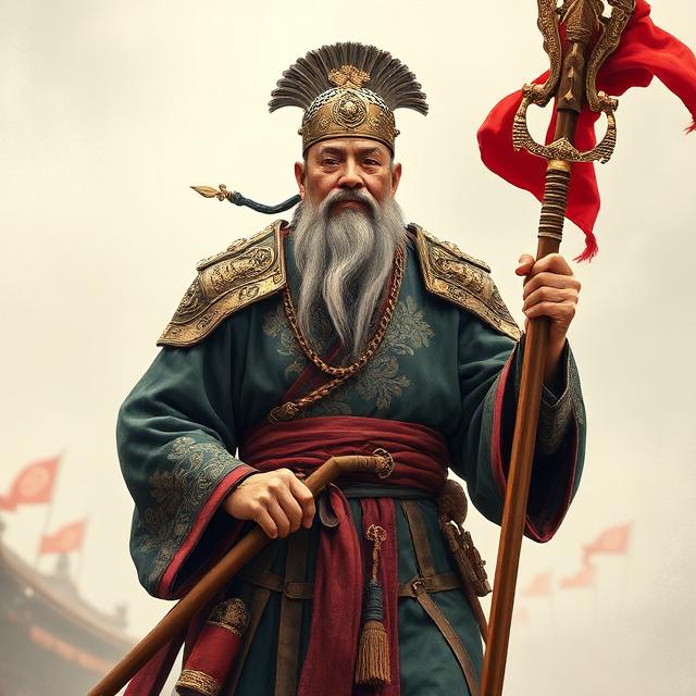一位古代武將手持長槍，身形魁梧，神情堅毅