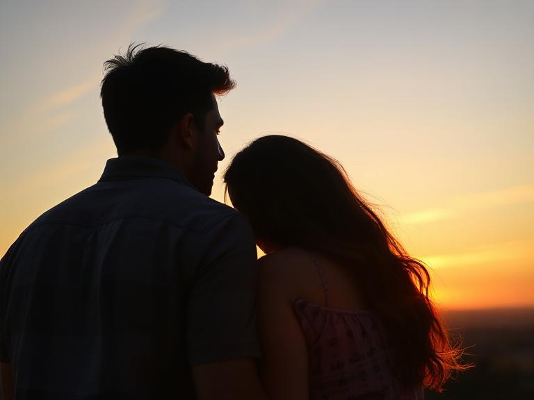 一對戀人甜蜜相依,看著夕陽