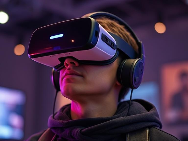 一名戴著VR頭盔的使用者正在沉浸在虛擬世界