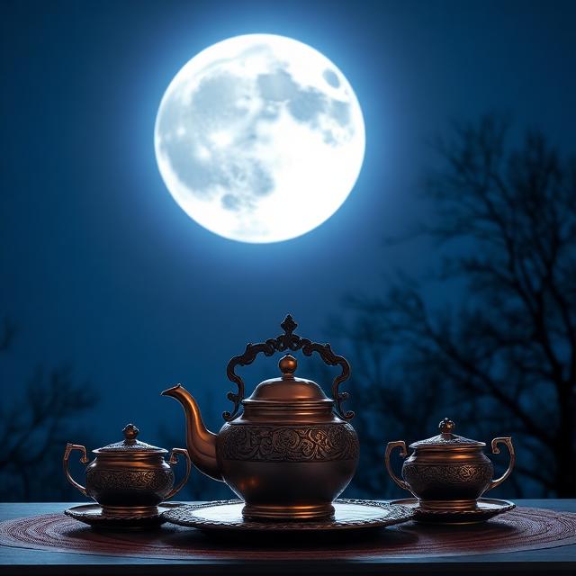 一輪圓月高掛夜空，桌上擺著精緻的傳統廣式月餅與茶具，象徵中秋團圓