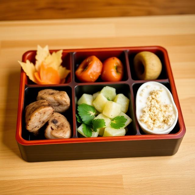 精緻的日本傳統日式便當，裡面有飯糰、醃漬物與各式配菜