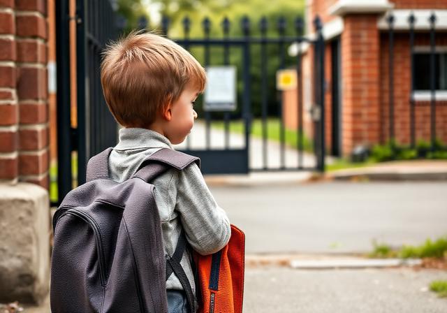 一個小男孩背著書包，站在校門口回頭看媽媽，眼眶泛淚