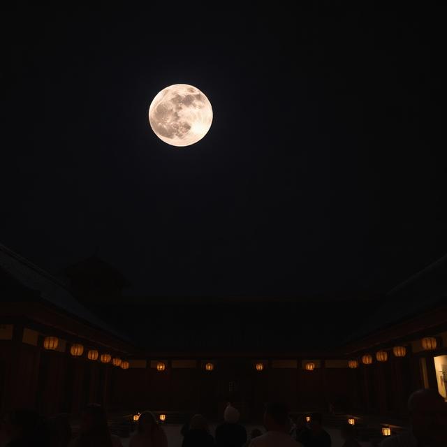 農曆八月十五夜，一輪圓月高掛夜空，下方庭院中有家人圍坐賞月，桌上擺放月餅與水果，背景隱約可見桂花樹與古風燈籠
