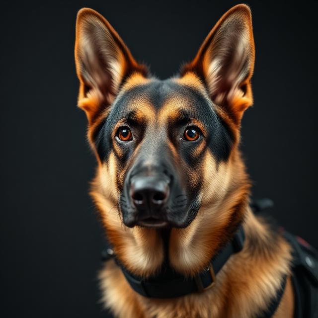 一隻專業的德國牧羊犬穿著警用裝備，眼神銳利且專注地看著前方